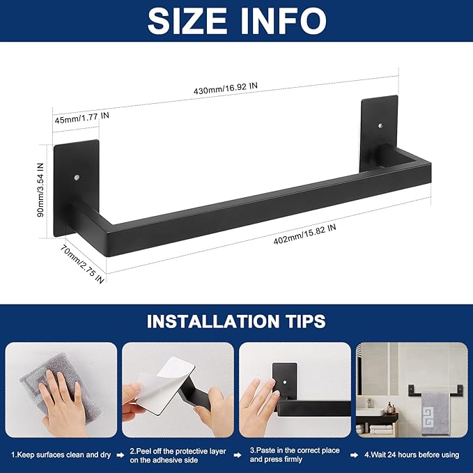NearMoon Self Adhesive Bathroom Towel Bar, Stainless Steel Square Bath Wall Shelf Rack Hanging Towel Stick On Sticky Hanger Contemporary Style, Towel Rack Wall Mounted (16 Inch, Matte Black)