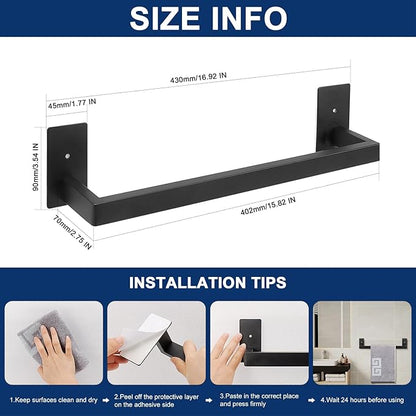 NearMoon Self Adhesive Bathroom Towel Bar, Stainless Steel Square Bath Wall Shelf Rack Hanging Towel Stick On Sticky Hanger Contemporary Style, Towel Rack Wall Mounted (16 Inch, Matte Black)