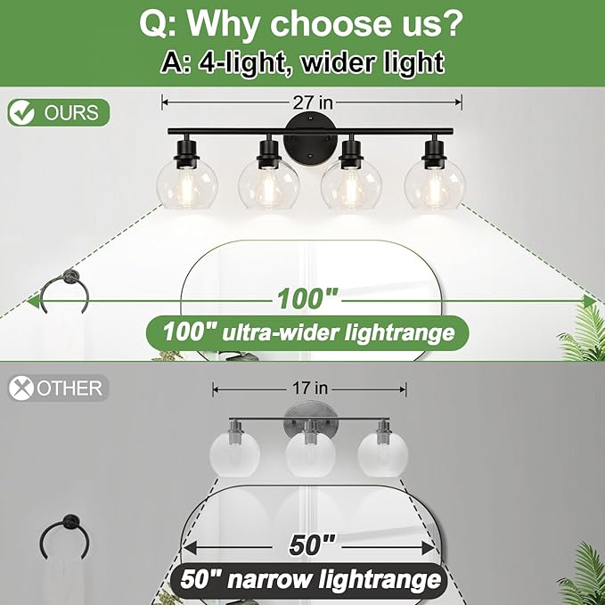 2025 Upgrade 4-Light Bathroom Light Fixtures, Black Bathroom Lights Over Mirror with Clear Glass Globe Shade, Vanity Lights for Bathroom Kitchen Living Room Hallway Cabinet Bedroom Porch