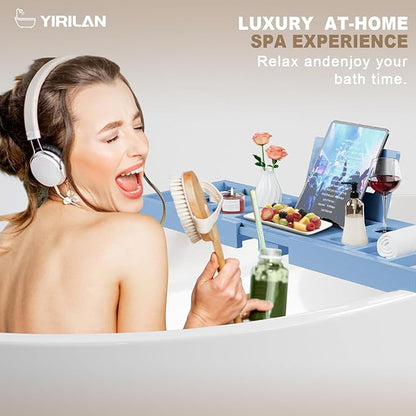 Yirilan Foldable Bamboo Bathtub Tray Caddy, Bathtub Tray, Blue