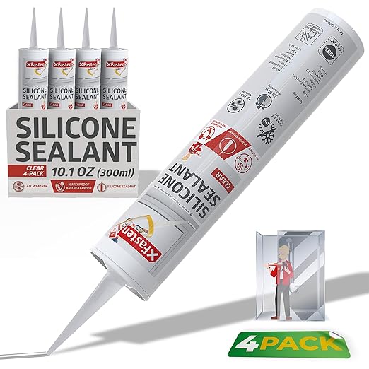 XFasten Clear Silicone Caulk Neutral Cure 10.1 oz (4-Pack) 100% Waterproof Silicone Sealant, Crack and Shrink Resistant, Low Odor, Strong Adhesion Caulking for Kitchen Bath Window Shower Outdoor Use