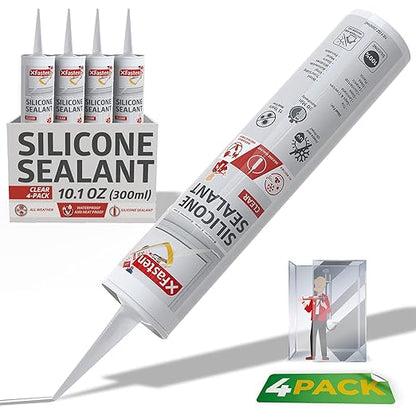 XFasten Clear Silicone Caulk Neutral Cure 10.1 oz (4-Pack) 100% Waterproof Silicone Sealant, Crack and Shrink Resistant, Low Odor, Strong Adhesion Caulking for Kitchen Bath Window Shower Outdoor Use