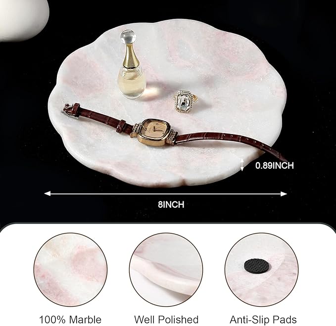 Koville Marble Tray, 8" Round Marble Vanity Tray for Jewelry Trinket Perfume, Natural Stone Tray for Bathroom Kitchen Dresser Countertop, Scalloped Decorative Tray for Home Table Decor(White&Pink)