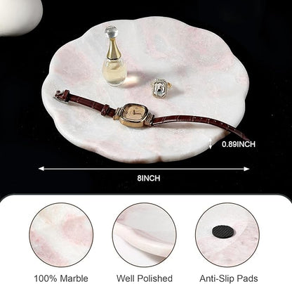 Koville Marble Tray, 8" Round Marble Vanity Tray for Jewelry Trinket Perfume, Natural Stone Tray for Bathroom Kitchen Dresser Countertop, Scalloped Decorative Tray for Home Table Decor(White&Pink)