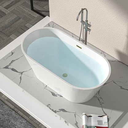 Logmey 59 In White Acrylic Freestanding Bathtub Oval Shape Soaking Tub with Gold Drain & Overflow Assembly for Classic and Modern Bathrooms