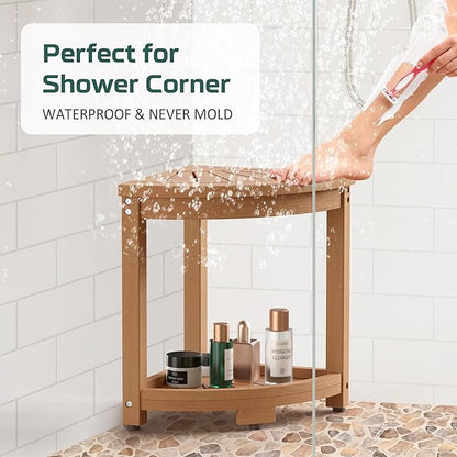 Waterproof Corner Shower Stool for Inside Shower, Poly Lumber Shower Bench Seat Chair, Bath Shower Stool for Shaving Legs Foot Rest with Storage Shelf, Adjustable & Non-Slip Feet, Teak Brown