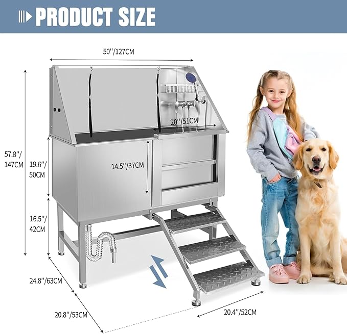 50 Inch Professional Dog Wash Station, Stainless Steel Dog Grooming Tub for Large, Medium & Small Pets - with Anti-Slip Stairs, Drain & Door, Silver