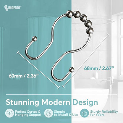 BigFoot Shower Curtain Hooks, Stainless Steel, Rust Resistant, Easy Installation & Smooth Glide, Fits Standard Shower Rods, 2 Hook Rings Hold Liners & Curtains, 12 Pieces, Nickel Color