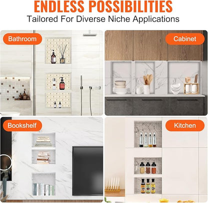 VEVOR Shower Niche Ready for Tile 16" x 16" & 16" x 20", Triple Shelf Organizer, Square Corners Wall-Inserted Niche Recessed, Sealed Protection Modern Soap Storage Niche for Shower Bathroom, Black