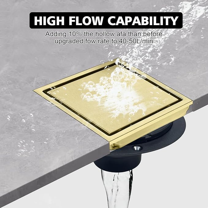 4 Inch Square Shower Drain with Flange, Removeable Grate SUS 304 Stainless Steel Shower Drain with Hair Catcher (Brushed Gold-1, 4 Inch)