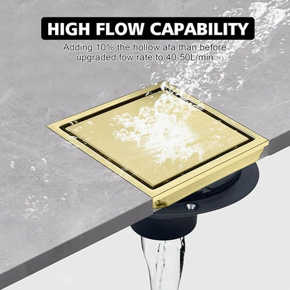 4 Inch Square Shower Drain with Flange, Removeable Grate SUS 304 Stainless Steel Shower Drain with Hair Catcher (Brushed Gold-1, 4 Inch)