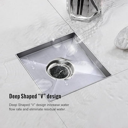 Square Shower Drain, Shower Drain 6 inch with 2 in 1 Tile-Insert Cover, Brushed AISI 304 Stainless Steel Shower Floor Drain with Hair Catcher