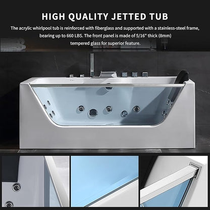 Empava 59" Acrylic Alcove Whirlpool Bathtub - 11 Jets Hydromassage with Chromatherapy, 750W, 58 Gallons, 3-Side Apron, Waterfall Faucet & ETL Certified