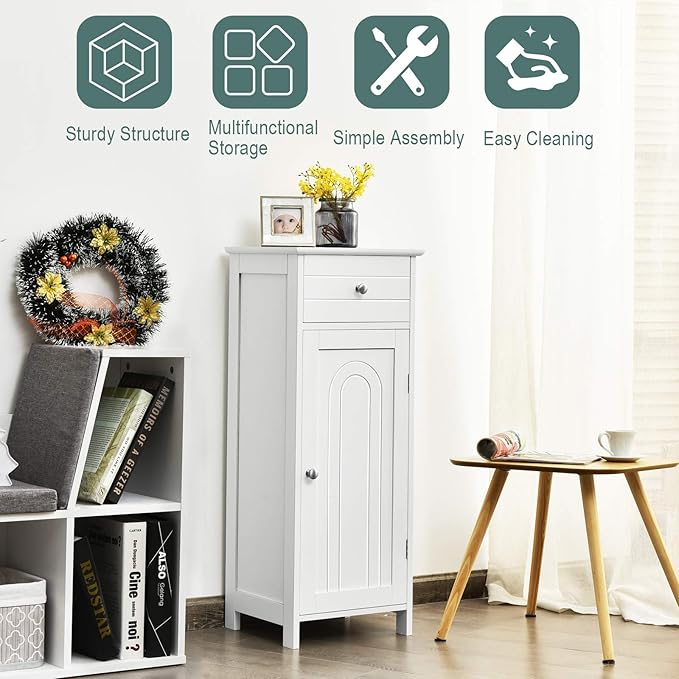 DORTALA Bathroom Floor Cabinet, Free-Standing Wooden Floor Storage Cabinet w/Large Drawer & 2 Adjustable Shelves, Morden Side Storage Bathroom Organizer for Living Room, White