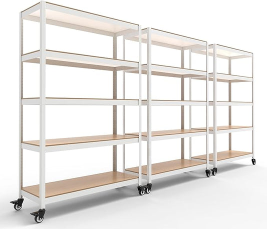 HOMEDANT House 5-Tier Metal Rolling Cart Shelf Rack Casters Heavy Duty Laminated Wheel Shelving Unit Adjustable Utility Storage Shelves Organizer Shelf Kitchen Garage (3, (L) 48.1" W, White)