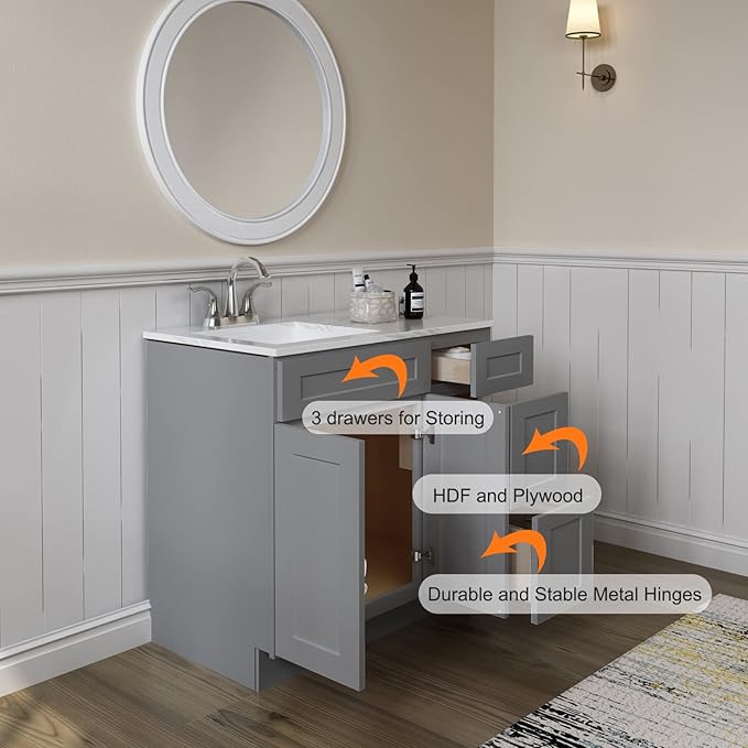 ROOMTEC Bathroom Cabinet, 36'' Free Standing Bathroom Vanity with 3 Right Drawers and 1 Door,Soft-Close Drawer Slides Morden Bathroom Sink Vanity Storage Cabinet, Shaker Gray
