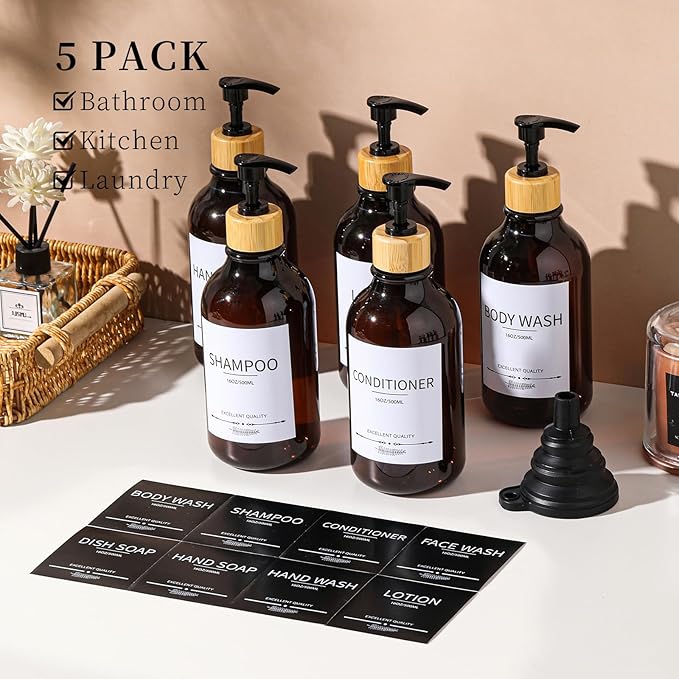 Shampoo and Conditioner Dispenser, 5Pack Refillable Dispenser Bottles,16.9oz Pump Bottles, Amber Shampoo Containers for Shower