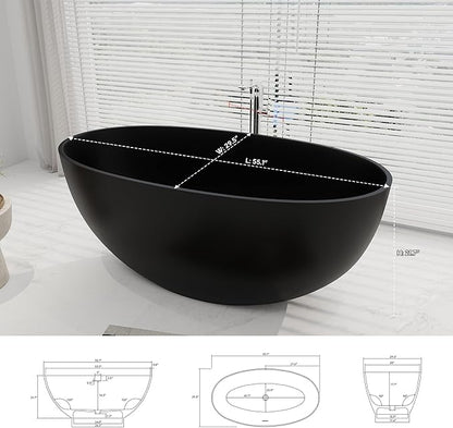 SJ STAR&JANE 55" Solid Surface Freestanding Bathtub, Stone Resin Oval Soaking Tub Matte Black Stand Alone Tub with Overflow and Pop-up Drain for Bathroom