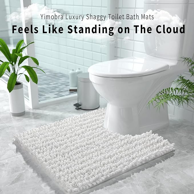 Yimobra Toilet Rug U Shaped Washable 24x24 Inch - Ultra Soft Absorbent Chenille Bath Rugs for Toilet, Quick Dry & Machine Washable, Non Slip Contour Bathroom Mat, White