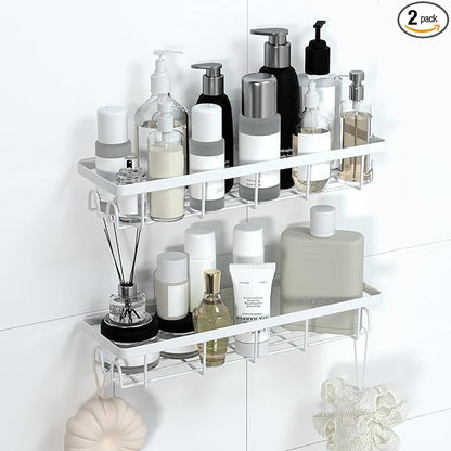 Shower Caddy Organizer with Hooks,Self Adhesive Bathroom Shelves,No Drilling Bathroom Organizers and Storage,Perfect for RV, Apartment, Home Decor,2 Pack White