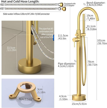 Freestanding Bathtub FaucetFloor Mount Bathtub Filler Shower Mixer Faucet with Handheld Shower Sprayer Swivel, Side Inlet，Gold