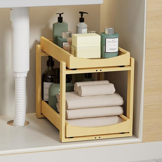 Bamboo Under Sink Organizer Adjustable Height 2 Tier Bathroom Organizer Pull Out Cabinet Storage Kitchen Heave Duty Wood Slide Ou Shelf for Kitchen Bathroom (Nature, 1 Pack)
