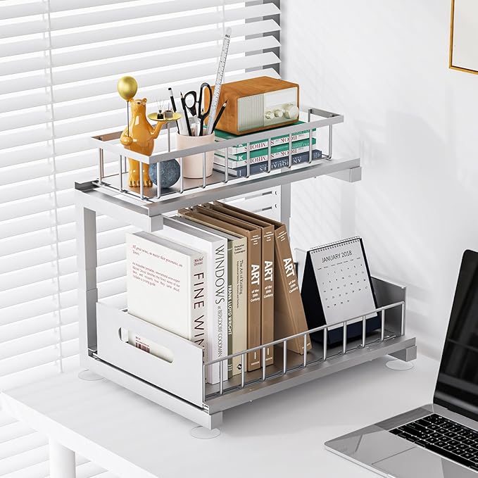 Under Sink Organizer Storage Heavy Duty Metal Slide Out Sink Shelf Organizer Height Adjustable, Multi-Purpose Storage Shelf for Kitchen Bathroom (Silver,1Pack)