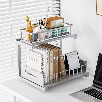 2 Pack Under Sink Organizer, Heavy Duty Meta Slide Out Sink Shelf Organizer Height Adjustable, Multi-Purpose Storage Shelf for Kitchen Bathroom (Silver,2Pack)