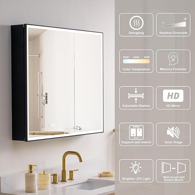 WELLFOR 36" X 30" LED Mirrored Medicine Cabinet, Medicine Cabinets with Lights for Bathroom, Defogging Function Mirror Cabinet, Bathroom Medicine Cabinet with USB Port & Outlet, Double Doors