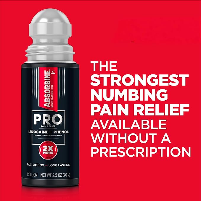 ABSORBINE JR. Pro Maximum-Strength Lidocaine Roll-On, Fast-Acting Nerve, Joint, & Muscle Pain Relief, No-Mess, Non-Greasy Formula, 4% Lidocaine with Phenol, 2.5 oz, (Pack of 1)