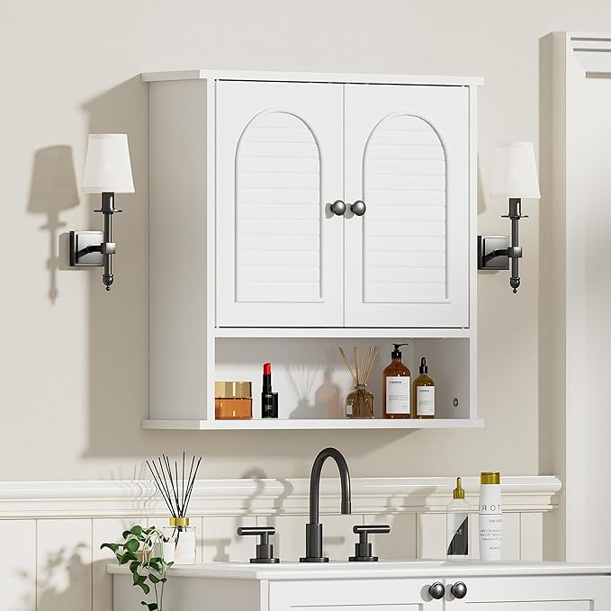 Medicine Cabinet for Bathroom,2 Doors White Bathroom Wall Cabinet with Arched,Over Toilet Storage Cabinet for Laundry Room/Kitchen/Living Room,Surface Mount Medicine Cabinets 23x24