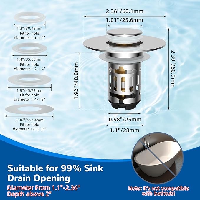 Hibbent Upgraded 3 in 1 Bathroom Sink Drain Strainer, Universal Pop Up Stopper with Removable Stainless Steel Filter Basket Hair Catcher, Sink Plug for 1.1''~2.36'' Basin, Brass Bullet Core, Chrome