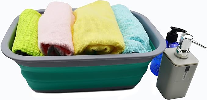 SAMMART 10L (2.6 Gallons) Set of 2 Collapsible Tub - Foldable Dish Tub - Portable Washing Basin - Space Saving Plastic Washtub (Bluish-Green & Orange)
