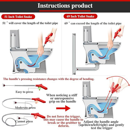 69" Toilet Auger Grabber Tool, Flexible Grabber Unclogging Tool, Four Jaw Pickup, Stainless Steel Telescoping Pole, Toilet Snake for Grabbing Objects Blocked in Toilet Pipes/Drains