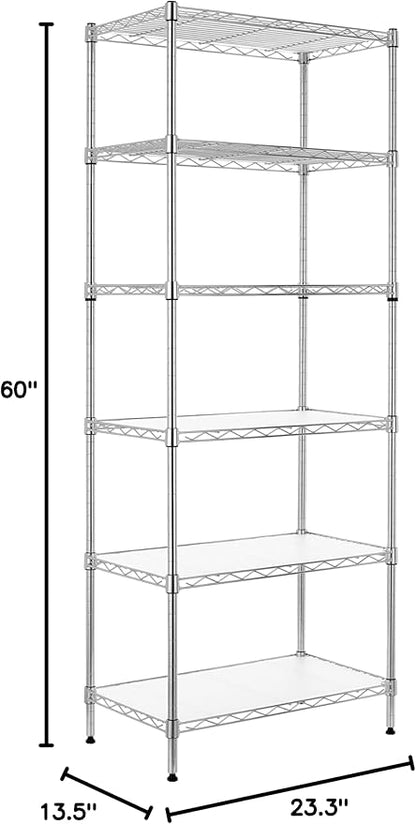 Finnhomy 6-Tier Wire Shelving Unit Adjustable Steel Wire Rack Shelving 6 Shelves Steel Storage Rack or Two 3 Tier Shelving Units with PE mat and Stable Leveling Feet, NSF Certified, Chrome