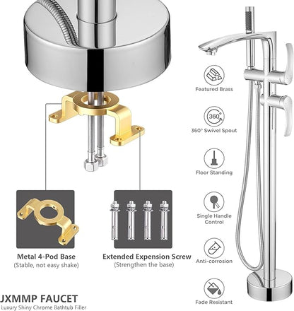 Free Standing Bathtub Faucets, Shiny Chrome Stainless Steel Floor Mount Tub Filler with 360 Rotating Spout and Hand Shower, High Flow Silver Faucet for Bath Tub JXM-F001CP