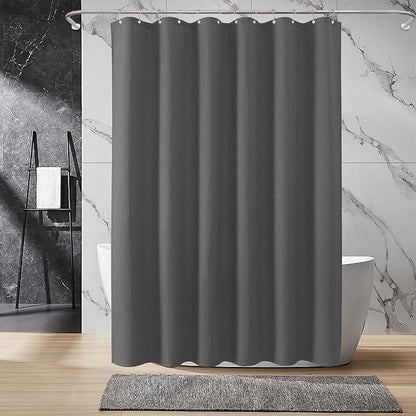 Inhousolu Fabric Shower Curtain Waffle Weave, Graphite Grey 230 GSM Heavy Duty, Weighted Hem, 14 Metal Hooks, Water Repellent, Machine Washable, Hotel Spa Luxury Bath Curtain Set, 72 x 84 Inch