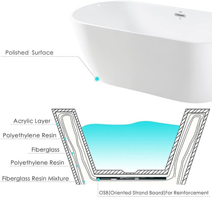 FerdY Nauru 67" Acrylic Freestanding Bathtub, Ergonomic Lightweight Classic Oval Soaking Bathtub with Toe-Tap Chrome Drain, Classic Slotted Overflow, Glossy White