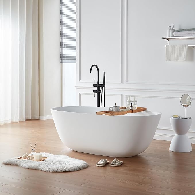 Cpingao (63"Lx31.5"Wx22"T) Stone Resin Solid Surface Freestanding Bathtub, Modern Elegant Design Soaking Stand Alone Tub, Matte White, Chrome Drain and Overflow Included 8823A