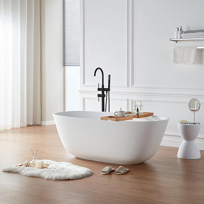 Cpingao 59" Solid Surface Freestanding Bathtub, Stone Resin Soaking Tubs, Stand Alone Tub with Pop-up Drain and Overflow, Matte White 8823A-1500