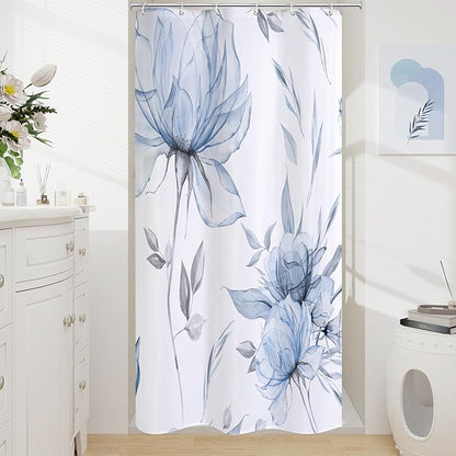 Small Stall Boho Watercolor Floral Shower Curtain 36 x 72, Blue and Grey Ink Painting Style Flower Shower Curtains for Chic Elegant Bathroom, Artistic Narrow Half Size Shower Curtain
