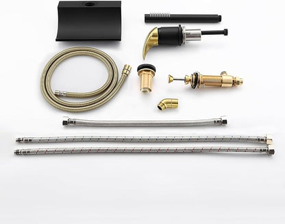 SUMERAIN Waterfall Roman Tub Faucet Deck Mount Bathtub Faucet Brass Tub Filler with Hand Shower, Black and Gold Finish