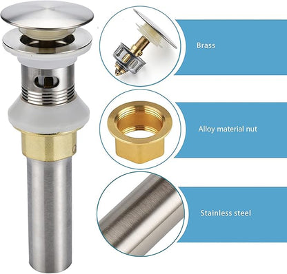 Bathroom Sink Drain,2 Pack Drain Stopper Bathroom Sink with Overflow,Pop Up Drain Assembly with Detachable Strainer Basket,Built-in Anti-Clogging Strainer,Stainless Steel Brushed Nickel