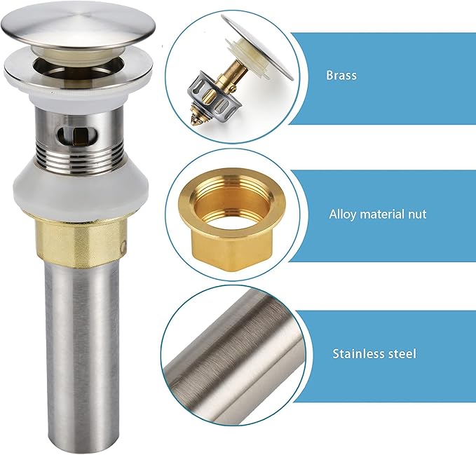 Bathroom Sink Drain,Drain Stopper Bathroom Sink with Overflow,Pop Up Drain Assembly with Detachable Strainer Basket,Built-in Anti-Clogging Strainer,Stainless Steel Brushed Nickel