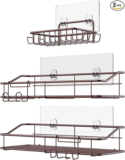 Nieifi Shower Caddy Shelf with Hooks Storage Rack Organizer Adhesive Stainless Steel without Drilling for Bathroom, Lavatory, Washroom, Restroom, Shower, Toilet, Kitchen (Brown, 3 Pack)