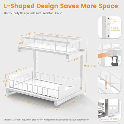 Under Sink Organizer, Heavy Duty Metal Pull Out Cabinet Organizer Slide Out Sink Shelf Organizer Height Adjustable, Multi-Purpose Storage Shelf for Kitchen Bathroom (White,1Pack)