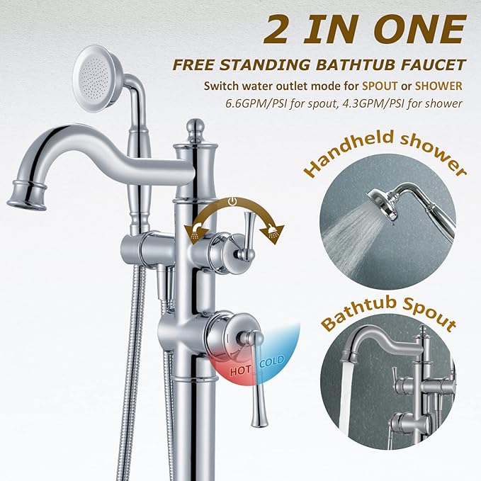 Freestanding Floor Mount Tub Filler with Handheld Shower Roman Bathtub Faucet by Chrome Finish, Swivel Spout with Brass Rough-in and Water Hose