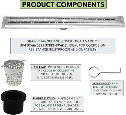 SereneDrains 304 Stainless Steel 60 Inch Linear Polished Chrome Shower Drain Kit Broken Lane Linear Shower Drains for Tile Floor Long Hair Catcher Strainer Cover Bathroom (Polished Chrome, 59 Inch)