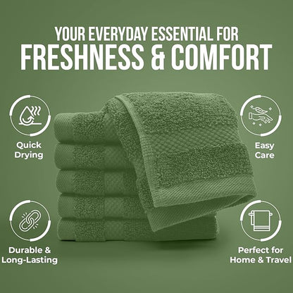 DAN RIVER 12-Pack Premium 100% Cotton SAGE Green Face Towels – Reusable Face Towel Set, Soft & Absorbent Body wash Cloths – Hand and Face Towels, 550 GSM (12x12 in)