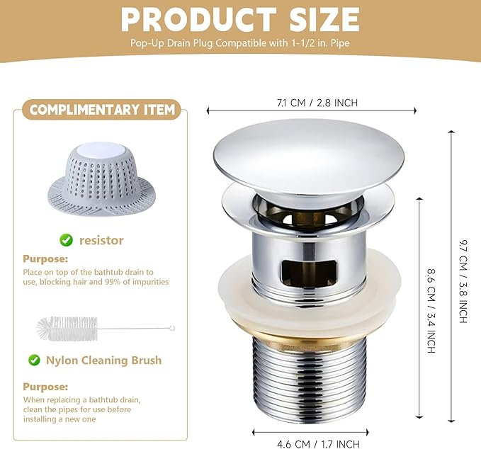 【Limited-time Promotion】 Pop Up Freestanding Tub Drain Plug, 2025 Upgraded freestanding tub Drain，Rust-Proof and Clog-Proof (for Most freestanding bathtubs) (Cold Silver)